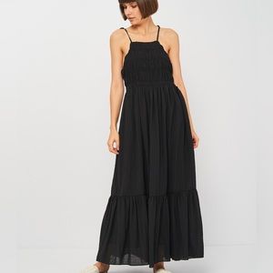 Zara Black Ruffled Voluminous Textured  Midi Dress With Tie Straps